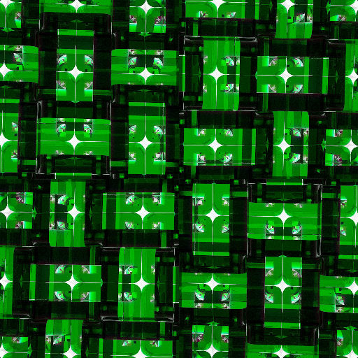 A seamless monochrome Op-Art pattern featuring sharp black and white geometric lines in a four-way rotation symmetry.