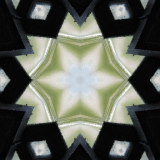 Diamond-shaped leaded glass panes arranged in a symmetrical kaleidoscope pattern with a blurred green background.
