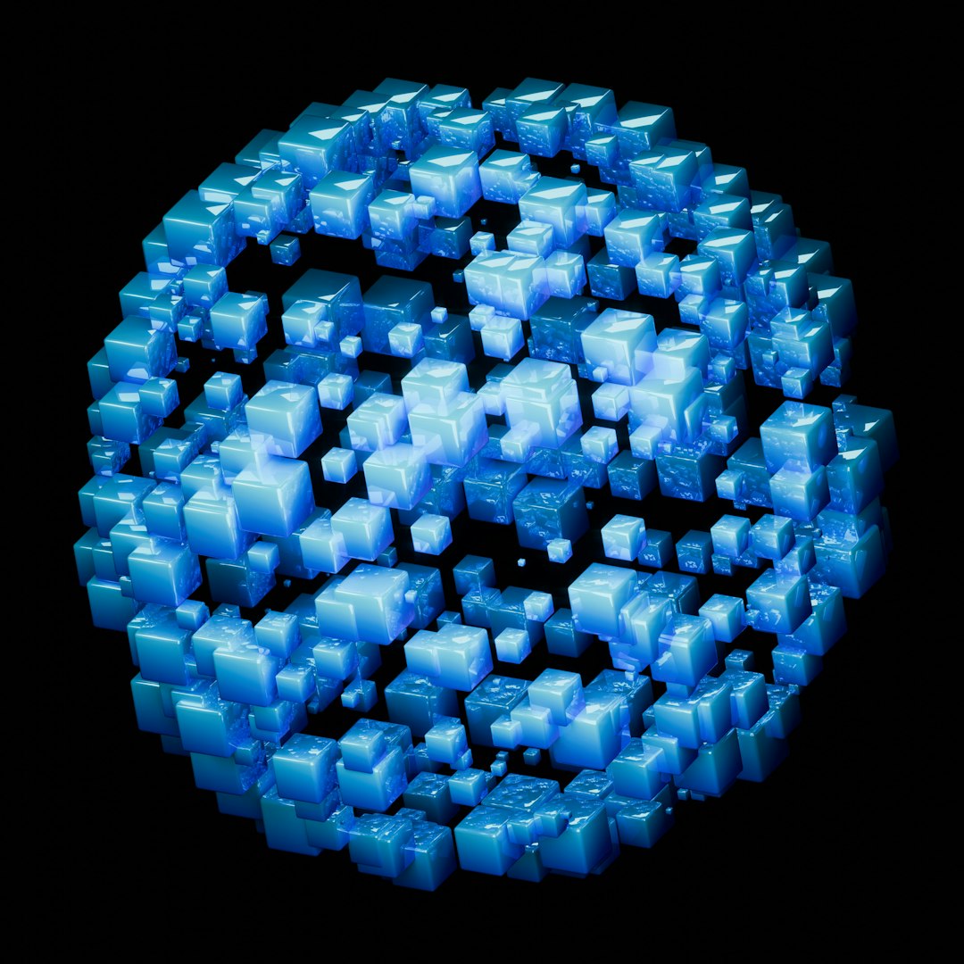 Molecular Physics Hexagon wallpaper pattern — base photo: High-quality 3D render of floating shiny cubes forming a sphere. Blue and cyan lighting on a black b