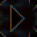 A digital glitch pattern with horizontal stripes of corrupted pixels and a dissolving mouse cursor motif.