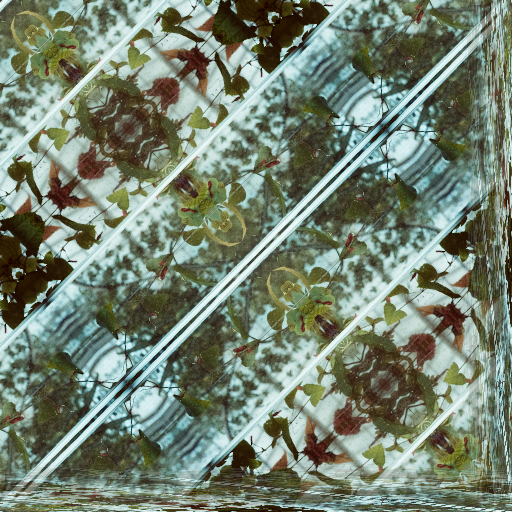 A repeating diamond-shaped pattern of green botanical leaves and stained glass textures in deep emerald and lime hues.
