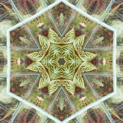 A seamless kaleidoscope pattern of deep green leaves and glass textures in a complex central radial symmetry.