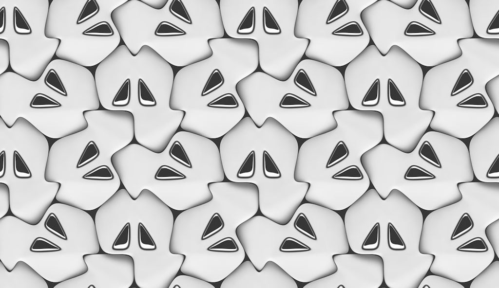 Seamless kaleidoscope wallpaper pattern — Origami by wallpaper⁶ — base photo: 3D wall white panels with silver metal decor. Shaded geometric modules. High quality seamless 3d ill