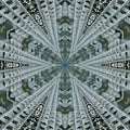 A symmetrical pattern resembling leaded stained glass, created with kaleidoscope symmetry. Geometric shapes and dark lines form an intricate, repeating design.