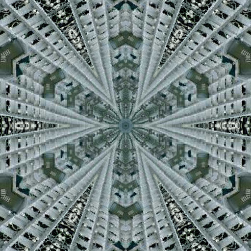 A symmetrical pattern resembling leaded stained glass, created with kaleidoscope symmetry. Geometric shapes and dark lines form an intricate, repeating design.