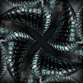 A seamless rotational pattern of vibrant green and black fractals spiraling from a central point.