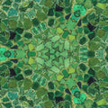 Close-up of a green and yellow stained glass mosaic tile in a repeating hex pattern, evoking leaded glass artistry.