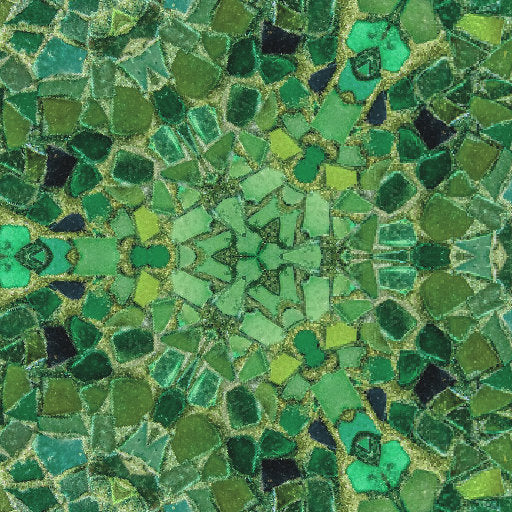 Close-up of a green and yellow stained glass mosaic tile in a repeating hex pattern, evoking leaded glass artistry.