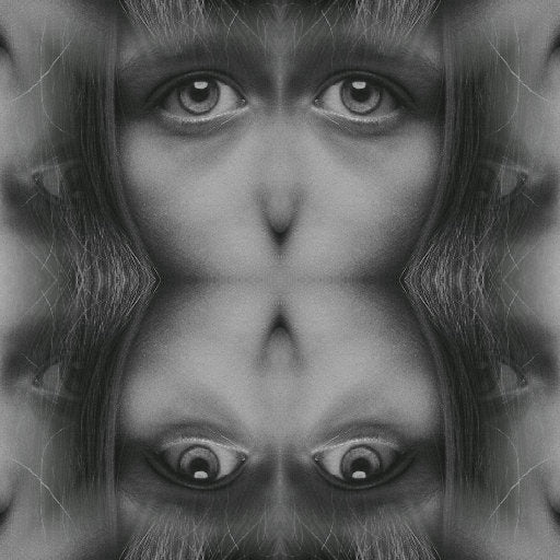 A black and white Op-Art pattern featuring mirrored parabolic curves that create a 3D lens effect across the wallpaper.