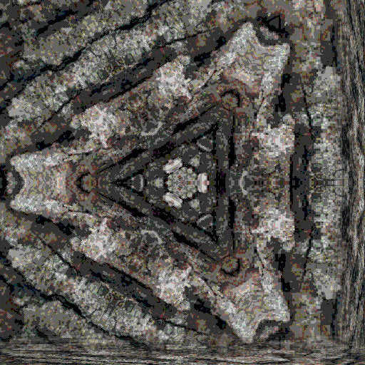 Hexagonal stained glass pattern inspired by the texture of tree bark, with intricate details and a luminous finish.