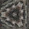 Hexagonal stained glass pattern inspired by the texture of tree bark, with intricate details and a luminous finish.