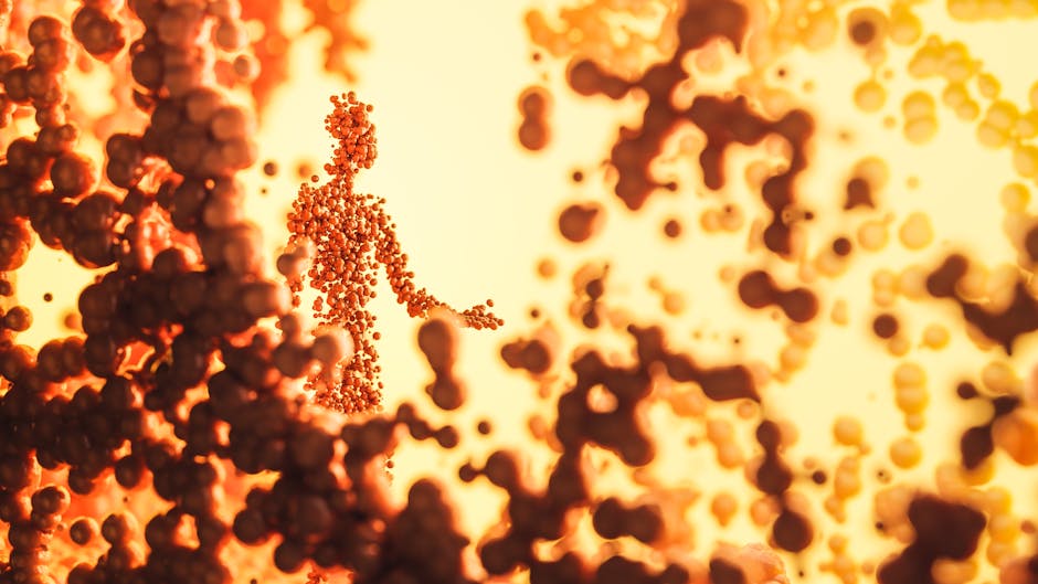 Seamless mirror wallpaper pattern — Biochemistry by wallpaper⁶ — base photo: 3D rendered digital artwork featuring an abstract human form composed of orange molecules.