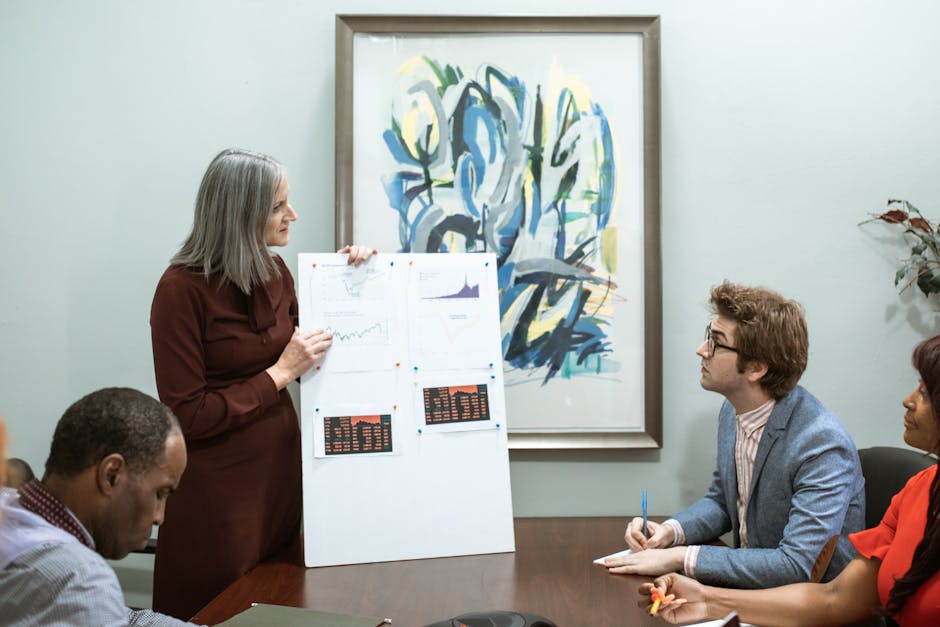 Topology Hexagon wallpaper pattern — base photo: A business meeting scenario with diverse team members discussing graphs and future strategies in an 