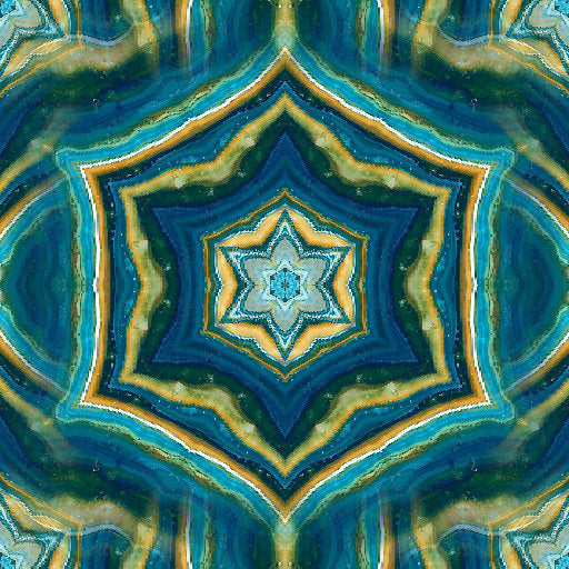 A radial blue and white geometric pattern with Kaleidoscope symmetry, resembling shattered glass or a crystalline starburst.
