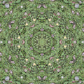 A seamless kaleidoscope pattern of green leaves forming radial star shapes and complex botanical fractals in a repeat tile.