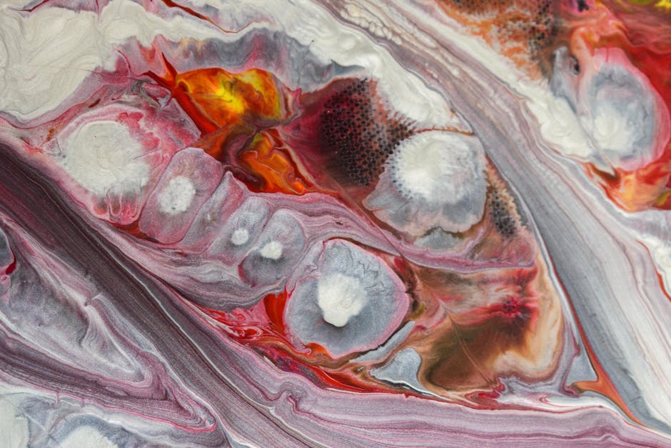 Seamless rotation wallpaper pattern — Cosmology by wallpaper⁶ — base photo: Close-up of an abstract acrylic painting with flowing red, orange, and gray hues.