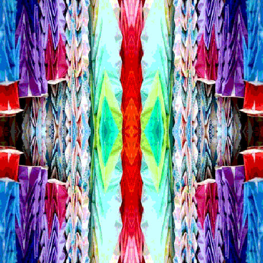 A seamless pattern of colorful origami cranes arranged with mirror symmetry, creating a visually striking and intricate design.