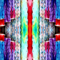 A seamless pattern of colorful origami cranes arranged with mirror symmetry, creating a visually striking and intricate design.