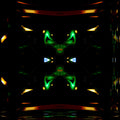 A seamless pattern of lab beakers arranged with mirror symmetry, glowing with a subtle green light, on a wall.