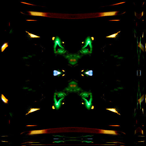 A seamless pattern of lab beakers arranged with mirror symmetry, glowing with a subtle green light, on a wall.