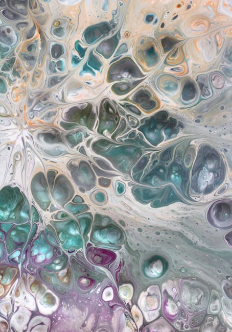 Vibrant abstract acrylic pour fluid art pattern with rotational symmetry, featuring organic swirls and textures in bold colors. — base photo: A close-up of an acrylic pour painting, showcasing vibrant colors blending organically. Intricate fl