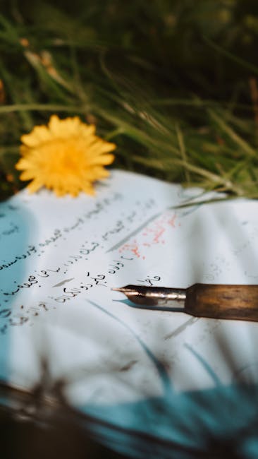 Seamless kaleidoscope wallpaper pattern — Calligraphy by wallpaper⁶ — base photo: Artistic composition of a vintage fountain pen and yellow flower on a handwritten page in a grassy s