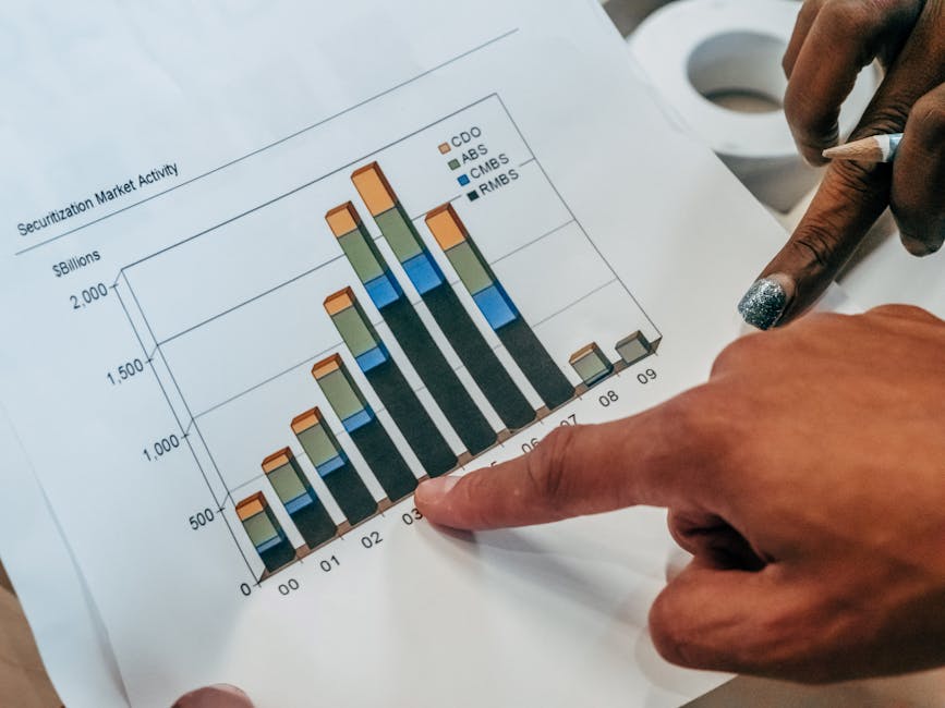 Statistics Mirror wallpaper pattern — base photo: Close-up of hands pointing at a financial market activity chart, analyzing trends in securitization.
