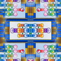 A dark, mirrored abstract pattern featuring neon blue and white digital lines in a symmetrical, kaleidoscopic layout.