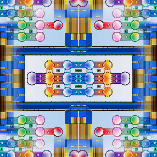 A dark, mirrored abstract pattern featuring neon blue and white digital lines in a symmetrical, kaleidoscopic layout.