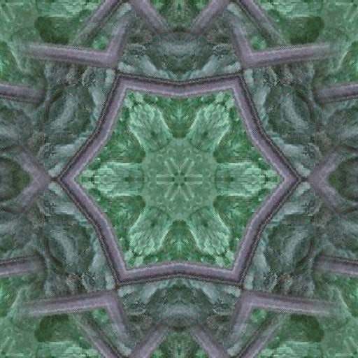 Green stained glass with a diamond pattern, arranged in a kaleidoscope, creating an abstract and artistic symmetrical repeat.