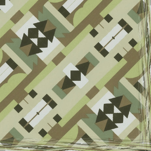 Abstract geometric origami motifs arranged in a repeating diamond symmetry pattern on wallpaper.