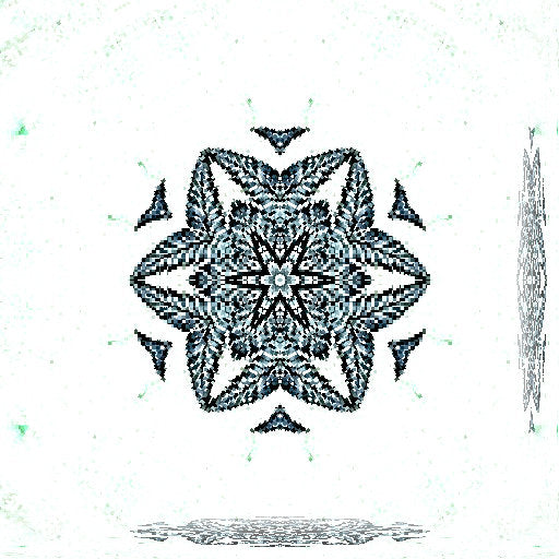 A mesmerizing kaleidoscope pattern derived from a fern frond, featuring symmetrical arrangements of green leaflets and organic shapes.