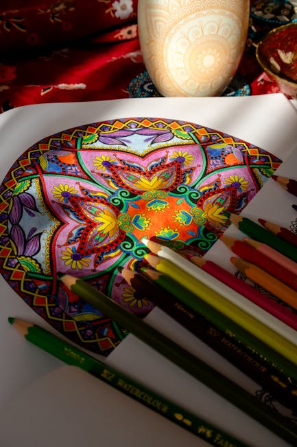 Seamless mirror wallpaper pattern — Geometry by wallpaper⁶ — base photo: A colorful mandala partially colored with pencils, showcasing intricate designs.
