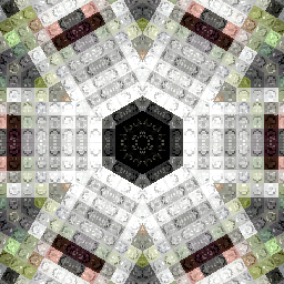 An intricate kaleidoscope pattern of colorful stained glass in hexagonal symmetry with blue, green, and orange jewels.