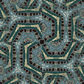 A seamless rotational pattern of glowing cyan data lines and nodes spiraling on a dark blue background.