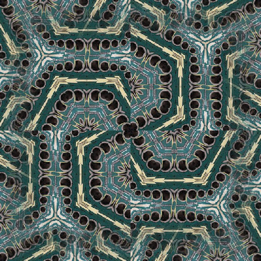 A seamless rotational pattern of glowing cyan data lines and nodes spiraling on a dark blue background.