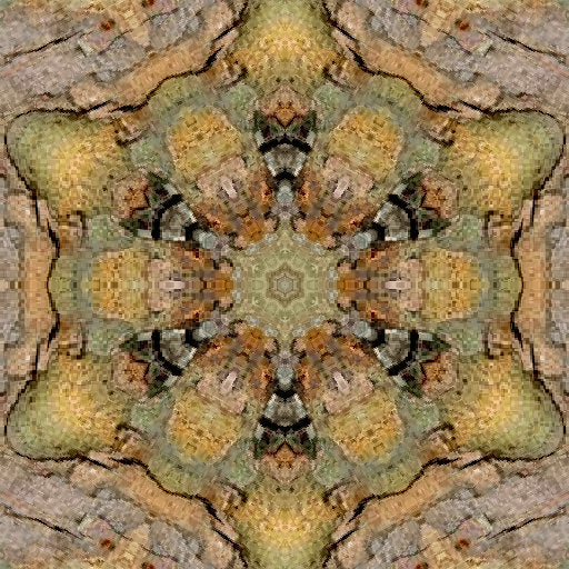 Close-up of tree bark pattern with kaleidoscope symmetry, featuring earthy brown and grey tones. Self-adhesive wallpaper design.