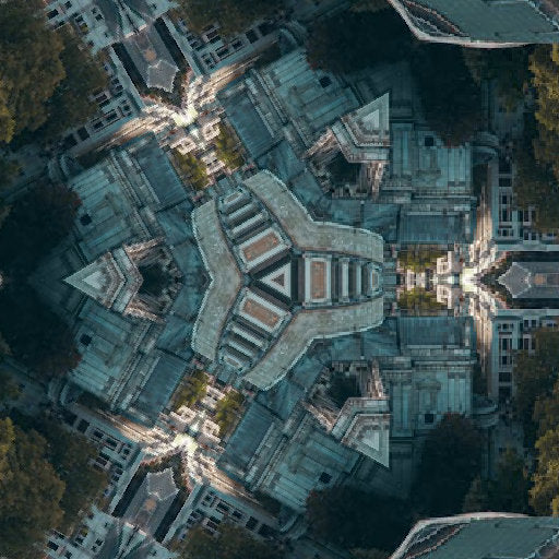 A seamless hexagonal pattern showing architectural details of a cathedral and urban streets in a kaleidoscopic grey and white palette.