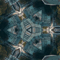 A seamless hexagonal pattern showing architectural details of a cathedral and urban streets in a kaleidoscopic grey and white palette.