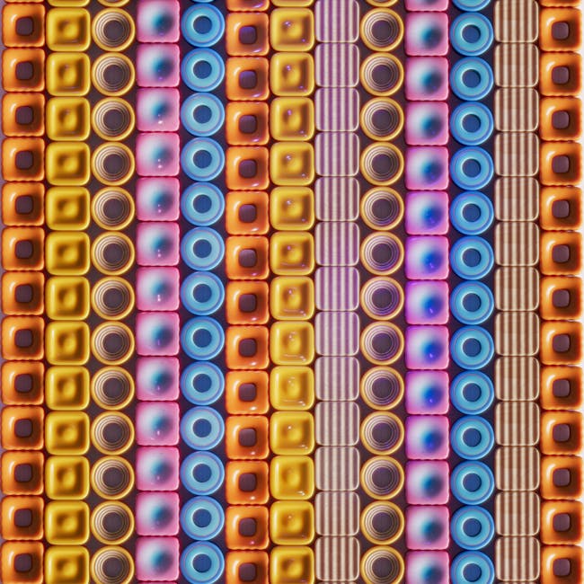 A symmetrical biochemistry pattern showing mirrored purple and gold molecular structures on a dark background. — base photo: A high-resolution microscopic capture of fluorescently labeled protein structures and enzyme chains,