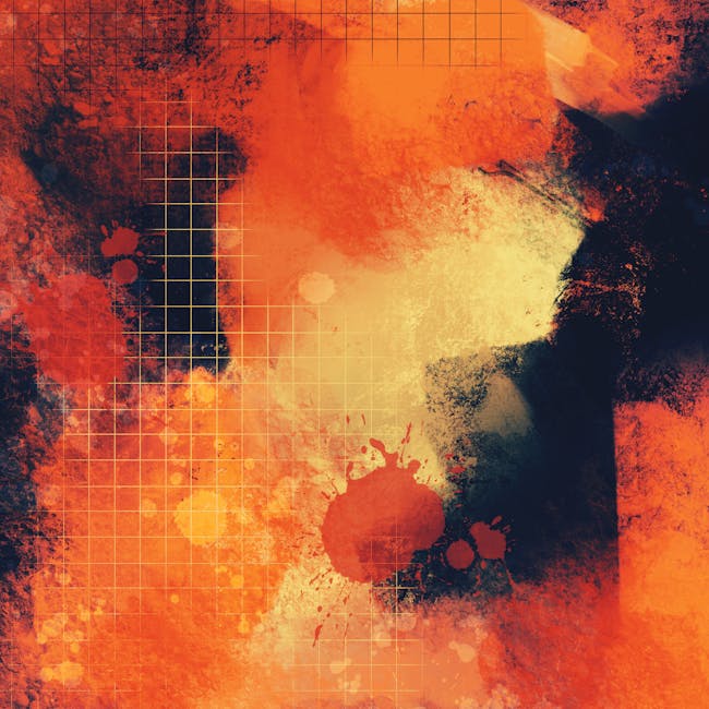 Seamless mirror wallpaper pattern — Glitch by wallpaper⁶ — base photo: Dynamic abstract artwork featuring a grid and vibrant orange and black paint splashes, perfect for a
