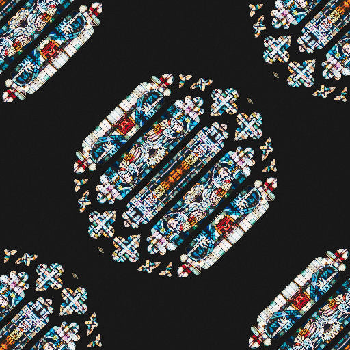 Detailed stained glass wallpaper pattern featuring theological figures and vibrant colors in a Diamond symmetry repeat.