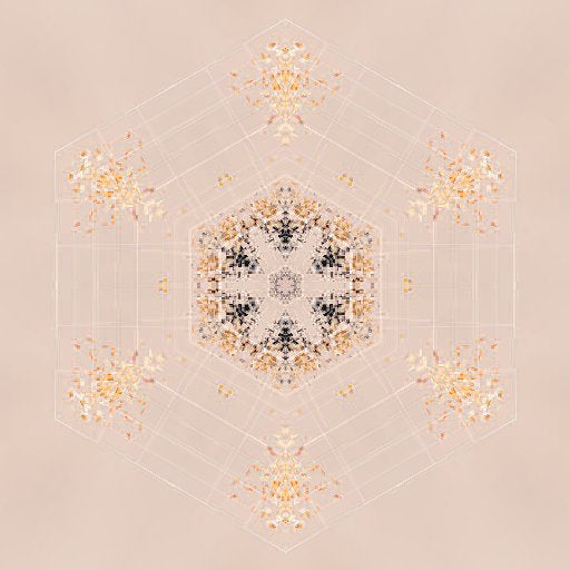 A radial Kaleidoscope pattern of glowing cyan and electric blue digital fibers forming futuristic flower shapes on black.