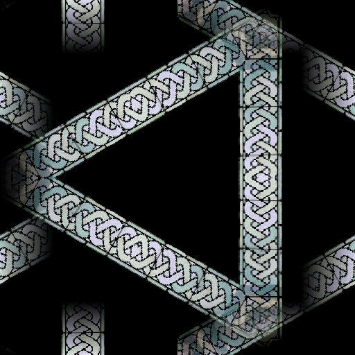 Stained glass pattern with hexagonal symmetry, displaying rich colors and intricate leaded lines, inspired by cathedral windows.