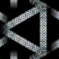 Stained glass pattern with hexagonal symmetry, displaying rich colors and intricate leaded lines, inspired by cathedral windows.