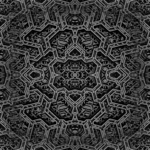 A seamless monochrome Op-Art pattern featuring mirrored diamond shapes and geometric corridors in black and white.