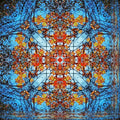 A dark, symmetrical geometric pattern featuring interlocking triangular and diamond shapes in shades of gray and black with Mirror symmetry.