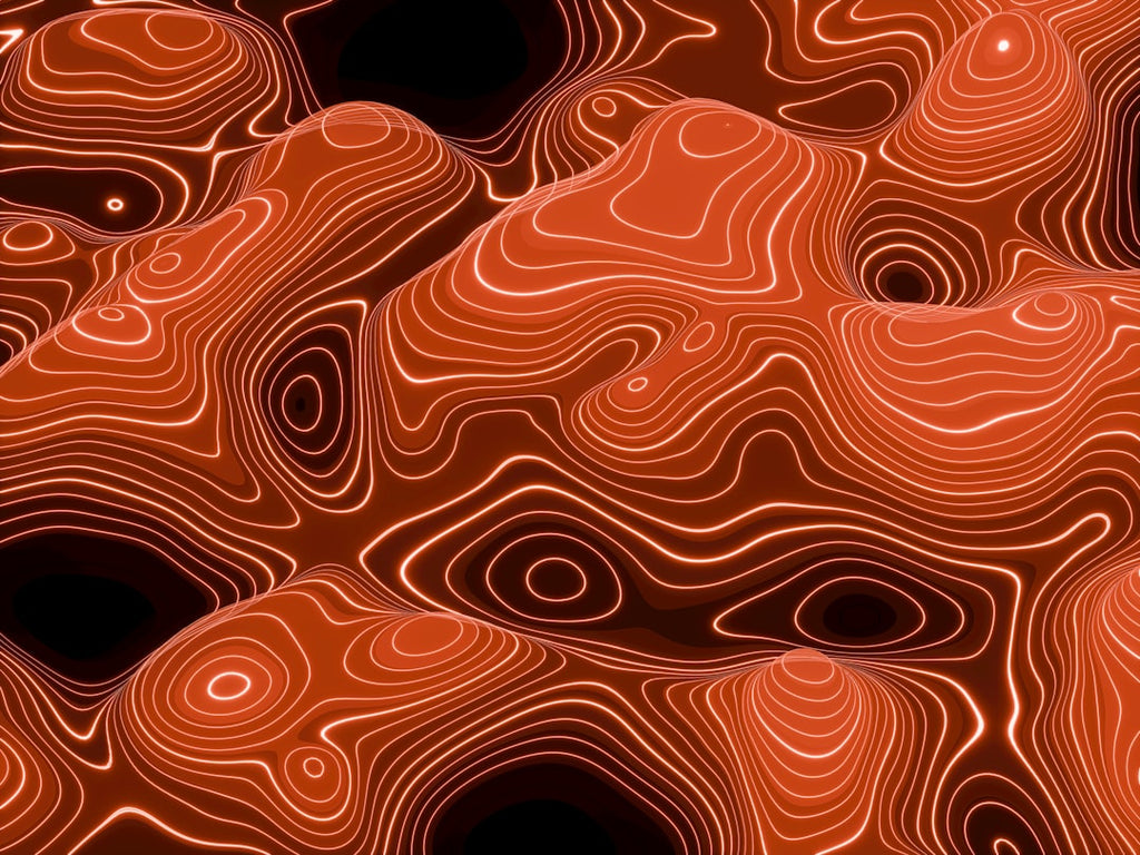 Seamless brick wallpaper pattern — Cartography by wallpaper⁶ — base photo: A 3D abstract landscape with radiant red contour lines tracing fluid terrain forms. The intense colo