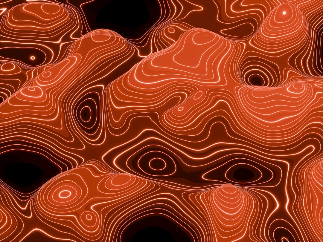 Seamless brick wallpaper pattern — Cartography by wallpaper⁶ — base photo: A 3D abstract landscape with radiant red contour lines tracing fluid terrain forms. The intense colo