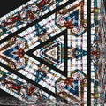 A seamless hexagonal kaleidoscope pattern made from stained glass art, featuring gold and blue ecclesiastical colors.